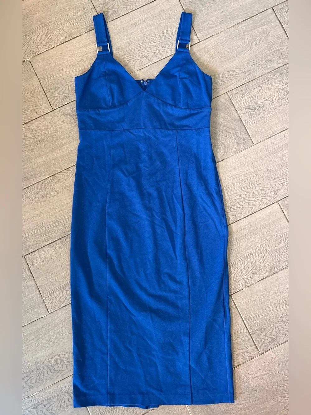 Michael Kors Royal Blue V-Neck Midi Sheath Dress Hardware Straps NWOT - size 12